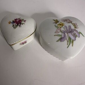 Two Lippelsdorf porcelain heart-shaped‎ trinket Boxes Japan Floral Cute Dainty